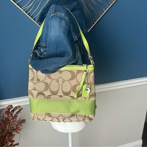 Coach Tan and Green Signature Shoulder Bag EUC